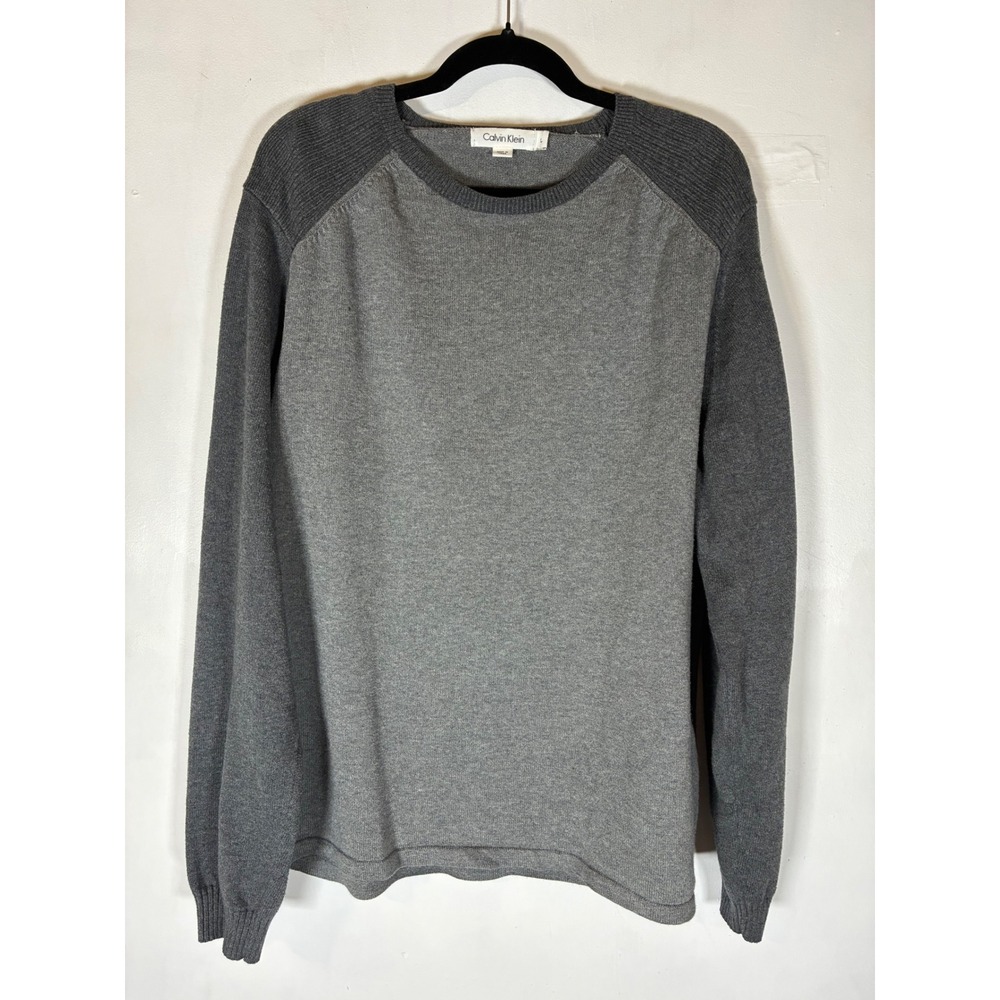 Calvin Klein Gray 100% Cotton Knit Sweatshirt Ribbed Shoulder Crewneck Large